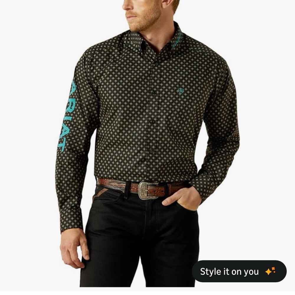 Ariat Men's Black and Teal Geometric Shirt